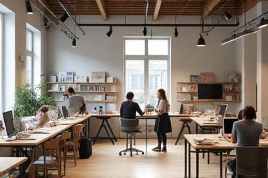 Teamdesign im modernen Atelier mit Prototypen und Materialmustern
