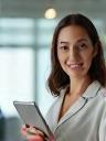 Frau mit Tablet im modernen Arbeitsraum
